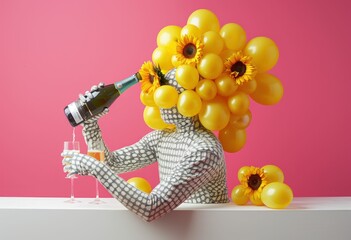 Colorful CrossDresser with Balloons and Sunflowers on Head, Portrait of a Quirky Man in Drag with Floral Accessories