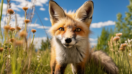 Fototapeta premium Alert Fox in Wildflower Meadow with Blue Sky. Generative AI