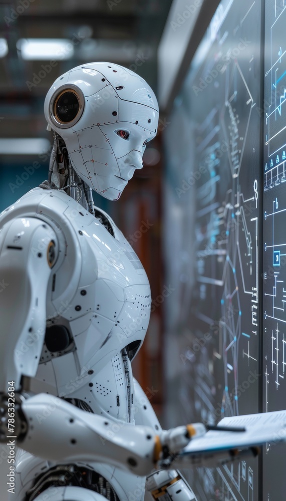 Poster humanoid ai robot with book surrounded by holographic math formulas on blurred background