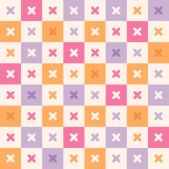 Chessboard background with simple y2k elements in cages. Pattern with cross flowers. Vector illustration for package, cover design. Decorative backdrop with stars in grid art.