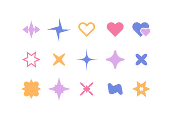 Retrofuturism graphics in y2k style. Abstract stars set, hearts, floral icons. Vector illustration. Geometry forms for modern designs. Simple elements, vintage symbols collection.