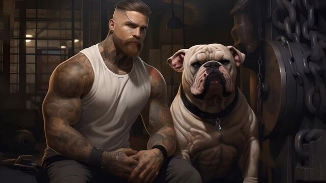 Muscular man bodybuilder sits with his powerful pet dog