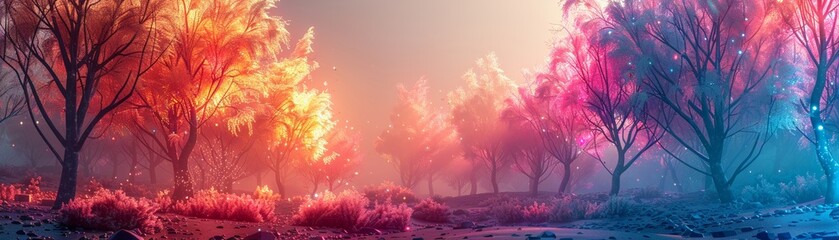 Crystal neon forest, medium shot, geometric trees in a spectrum of luminescent colors, casting shadows in a digital landscape