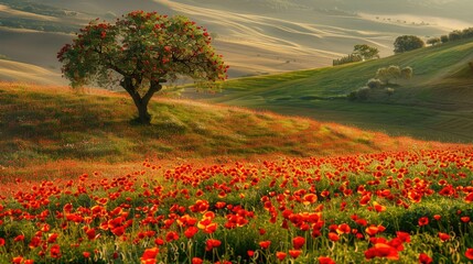 Beauty of Spring and Summer in a Poppy Filled Field - obrazy, fototapety, plakaty