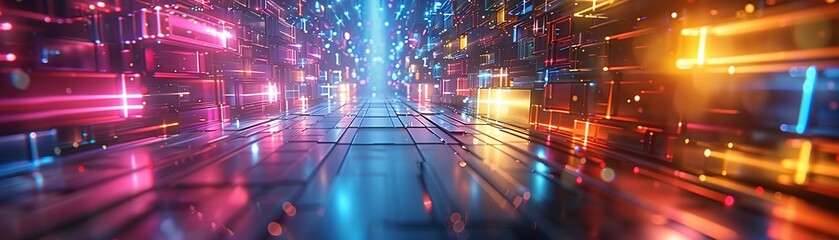 Dynamic cyberpunk corridor with neon lights and reflections, evoking a futuristic sci-fi atmosphere.