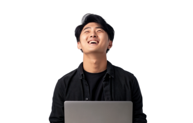 Smiling East Asian Man with Laptop
