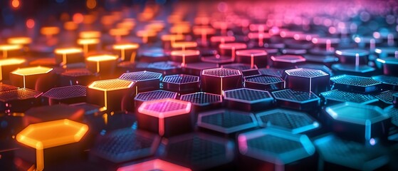 Electric honeycomb grid, closeup, glowing hexagons in a spectrum of neon colors against a dark, futuristic skyline - 786333278