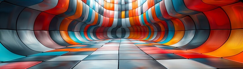 Perspective view inside a futuristic tunnel illusion with vibrant, reflective color block walls. - 786333417