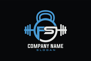 Letter F,S, FS OR SF Fitness Gym Kettlebell Barbell Dumbbell logo design Icon Vector