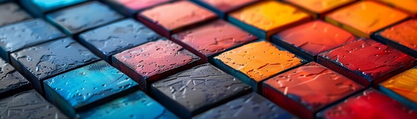 Macro view of abstract color block tiles showcasing a vivid and glossy texture.