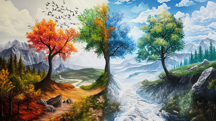 Surreal Pathway Through Seasonal Changes, Great for Fantasy Book Covers or Imaginative Visual Content
