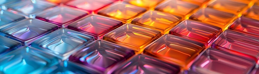 Close-up of translucent glass blocks in a gradient of warm to cool hues, showcasing a vibrant pattern.