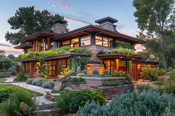 A Craftsman-style home with a biophilic design, incorporating living walls, natural light, and organic materials, situated in an eco-conscious community.