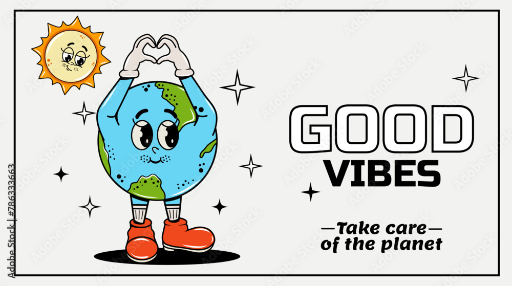Aufkleber trendy character in groovy style. elements of y2k design. clouds. planet and sphere. environment. pr