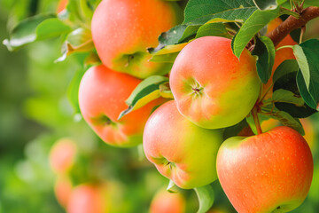 Bunch of fresh ripe apples hanging on a tree in apple garden.