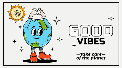 Trendy Character in groovy style. Elements of y2k design. Clouds. Planet and sphere. Environment. Preserving the planet. Earth Day. Vector illustration. Retro and hippie style. 70s, 80s, 90s. Eco