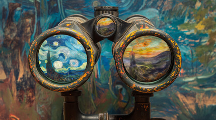 Binoculars with famous art pieces on lenses perfect for art education and creative backgrounds