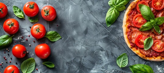 Rustic pizza on black background with tomato and cheese, italian fast food concept
