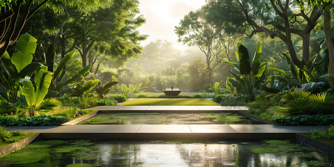 A peaceful walkway with a water feature in garden, surrounded by a lush array of tropical plants and the soft light of morning.