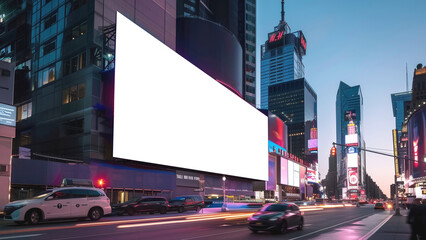 Giant blank billboard at dusk in a vibrant cityscape with busy traffic.