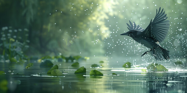 A solitary bird takes flight above a tranquil pond, with mist hovering over the water surface adorned by lily pads, in a serene natural setting.