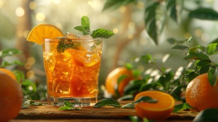 Refreshing orange juice in glass with mint leaves on blurred background, copy space available