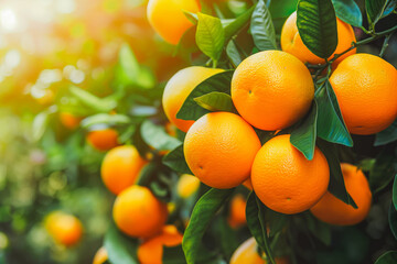 Bunch of fresh ripe oranges hanging on a tree in orange garden.