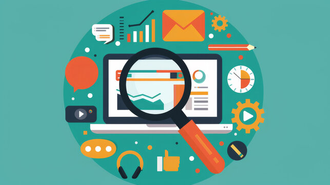 Graphic, illustration and business with magnifying glass, laptop and tools on studio background. Empty, design and color for equipment and communication skills for project launch and presentation