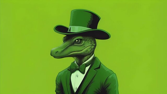Funny cartoon crocodile in a top hat on a green background for St. Patrick's Day