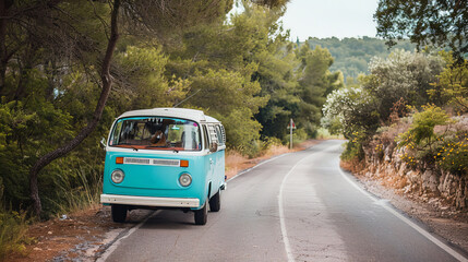 Fototapeta premium A road trip adventure in a vintage van, winding through picturesque countryside roads, with stops at roadside farmers' markets and local landmarks.