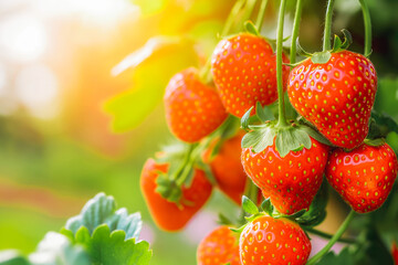 Bunch of fresh ripe strawberry hanging on a tree in strawberry fruit garden.