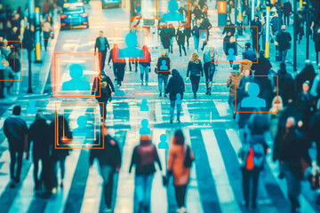 CCTV AI Facial Recognition Camera Zoom in Recognizes Person. Elevated Security Camera Surveillance Footage Face Scanning of a Crowd of People Walking on Busy Urban City Streets. Big Data Analysis