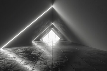 An intense light beams through a triangular aperture set in a stark black and white space, representing a transformative moment