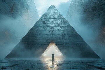 A person appears insignificant in front of a massive, enigmatic pyramid shrouded in mist, symbolizing quest and enormity - obrazy, fototapety, plakaty