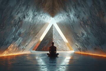 Inside a giant pyramid, a person in meditation radiates tranquility in the contrast of warm and cold lighting amidst the structure - 786334490