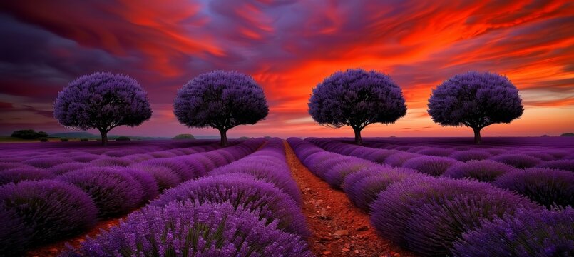 Tranquil sunset over lavender fields with captivating summer agriculture scenery view
