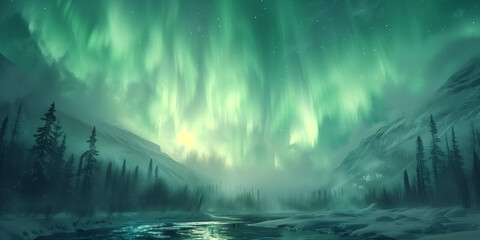 A breathtaking aurora borealis over a snowy landscape, natural light show, snow-covered forest landscape and a frozen river.