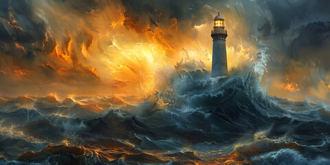 Digital art of resilient lighthouse stands firm against the fury of a tempestuous ocean storm, with waves crashing and fiery skies above. - obrazy, fototapety, plakaty