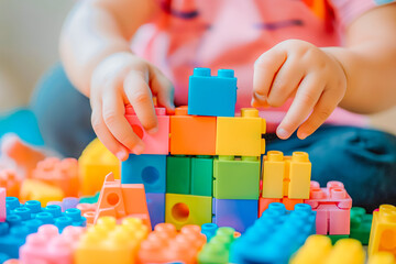 Close up of child hands playing with colorful building blocks. Preschool kid building tower with plastic blocks at home or kindergarten
