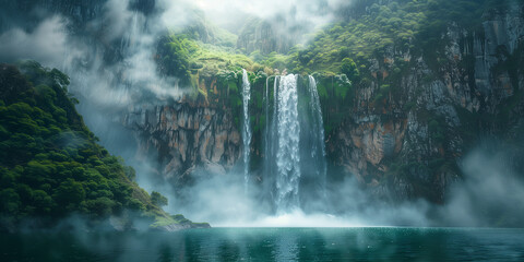 A breathtaking waterfall cascades down a cliff surrounded by the dense foliage of a tropical...