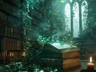 An open book with green vines growing out of it in a dark library