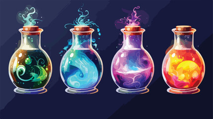 Potion bottles with colorful liquids each with mysteries 