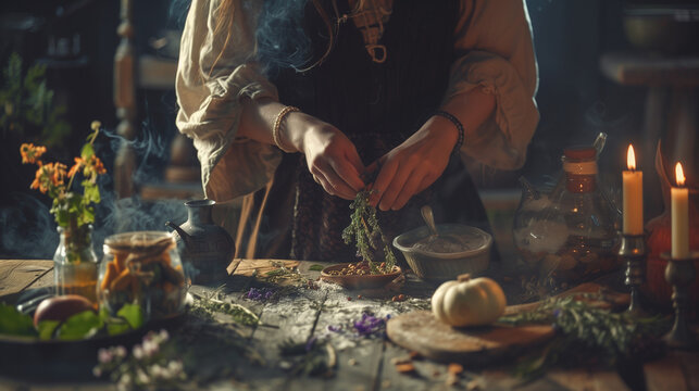 Wiccan preparing protection potion; a blend of vervain, sage, and basil.