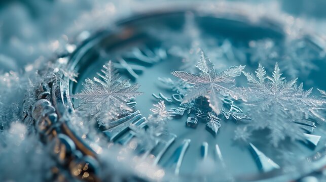 frozen clock covered in frost and snowflakes. 