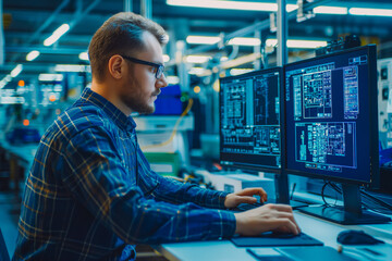 Electronics Factory: Caucasian Male Electrical Engineer Designs PCB Prototype, Works on Desktop Computer, uses CAD Software to Develop Microchips and Semiconductors. Modern Manufacturing Facility.