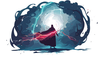 Powerful sorcerer summoning storm of lightning  - obrazy, fototapety, plakaty