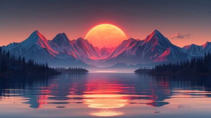 Fototapeta na wymiar A beautiful sunset over a mountain lake.