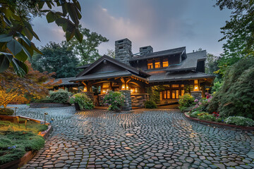 A Craftsman-style home with a cobblestone driveway, ornamental garden, and an elegant...