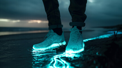 Lone traveler with light-up shoes by the sea at twilight - excellent for travel blogs and inspirational journey stories
