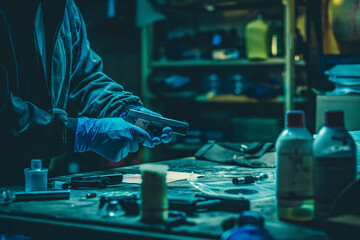 Forensics Specialists Starting to Pack Evidence on Crime Scene After a Tragic Ending of a Violent Gun Fire Exchange Between Gang Members. Empty Handgun is the Murder Weapon Used to Shoot the Victims